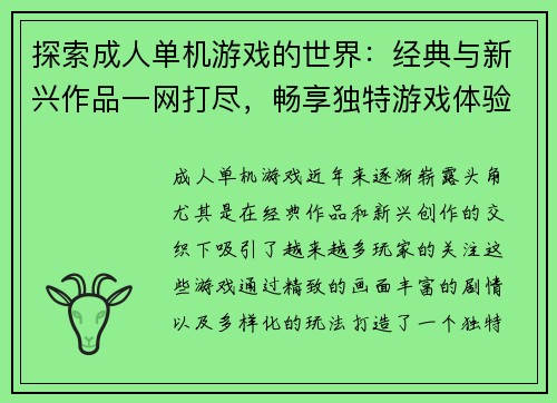 探索成人单机游戏的世界：经典与新兴作品一网打尽，畅享独特游戏体验
