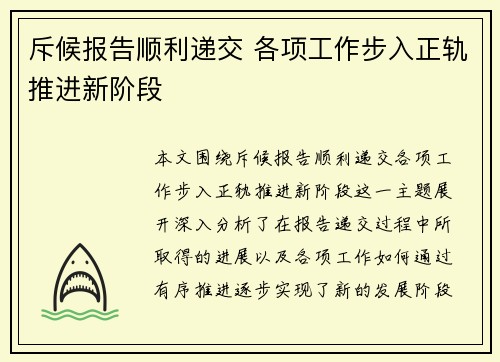 斥候报告顺利递交 各项工作步入正轨推进新阶段
