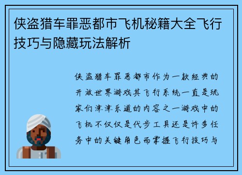 侠盗猎车罪恶都市飞机秘籍大全飞行技巧与隐藏玩法解析
